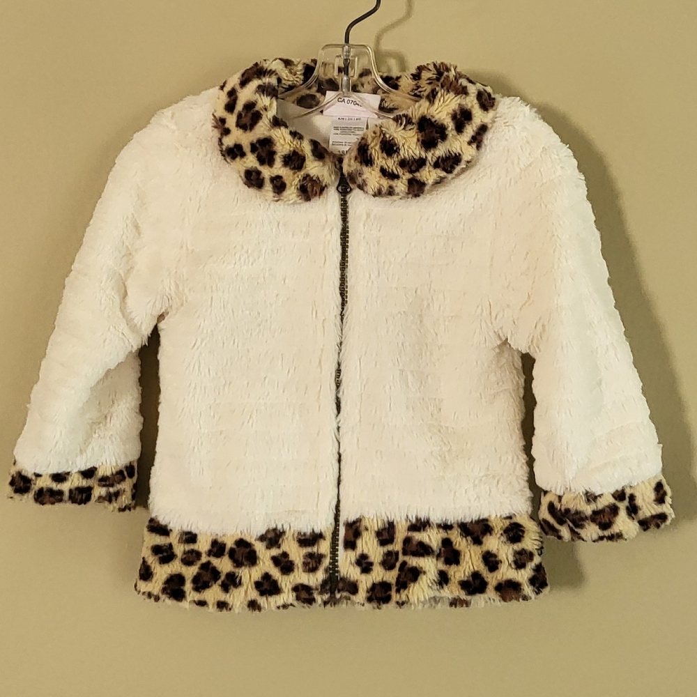 Little Lass cream zip up sweater with leopard trim